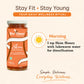 A jar of Bee Cause Skim Blend of Honey wellness product on a light beige background with promotional text. The label is orange and white, and the text suggests using 1 tsp Skim Honey with lukewarm water in the morning.