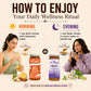 An infographic titled 'HOW TO ENJOY Your Daily Wellness Ritual' shows two women demonstrating how to use Dr. Praman's Skim Honey and Relax Honey.