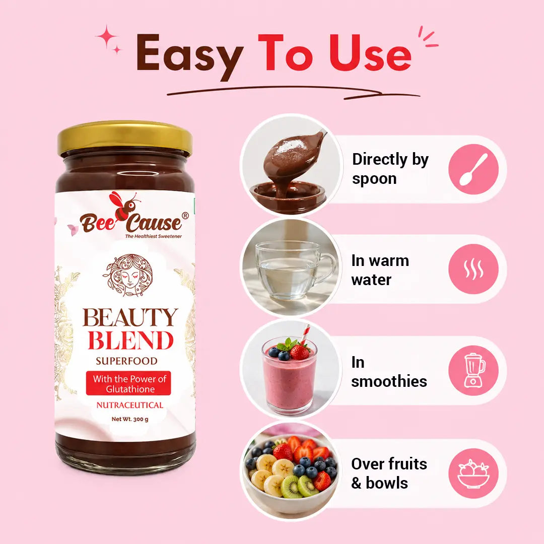 BeeCause Beauty Blend superfood jar with usage instructions on a pink background