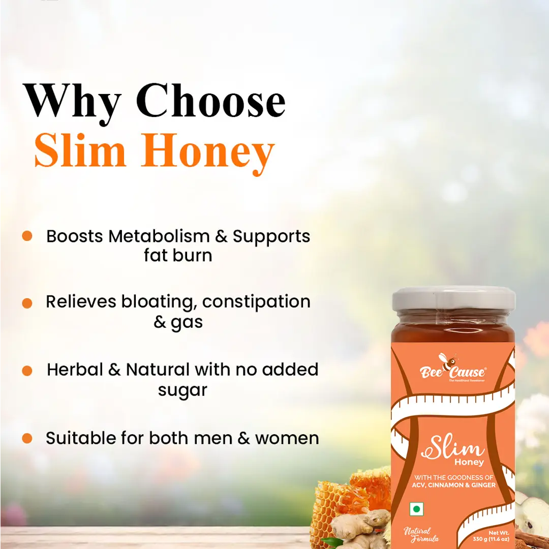 An informational graphic titled "Why Choose Slim Honey" displayed next to a jar of the product. It lists bulleted benefits: boosts metabolism & supports fat burn, relieves bloating, constipation & gas, herbal & natural with no added sugar, and suitable for both men & women.