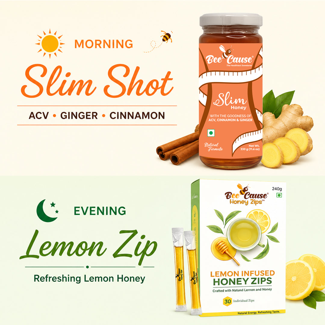 Promotional graphic for Bee Cause honey products with 'Morning Slim Shot' and 'Evening Lemon Zip' text.