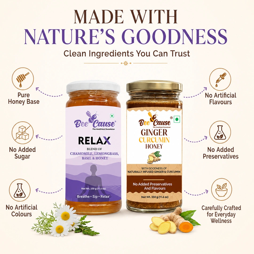 Two jars of Bee Cause honey and wellness blends on a cream background with marketing text and ingredient illustrations. The left jar is labeled 'RELAX' and the right jar is labeled 'GINGER CURCUMIN HONEY'.