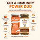 Two jars of Bee Cause Ginger Curcumin Honey presented on a light beige background with ingredient callouts and the headline 'GUT & IMMUNITY POWER DUO'.