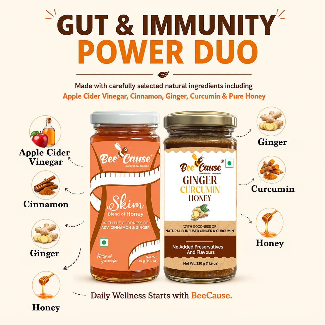 Two jars of Bee Cause Ginger Curcumin Honey presented on a light beige background with ingredient callouts and the headline 'GUT & IMMUNITY POWER DUO'.