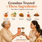 Promotional graphic for a ginger and curcumin combo jar set, featuring an elderly woman, a younger woman, and a child receiving the products. The top text reads 'Grandma Trusted These Ingredients' and lists the ingredients shown in circular frames: Raw Honey, Ginger, Curcumin, Apple Cider Vinegar, and Cinnamon.