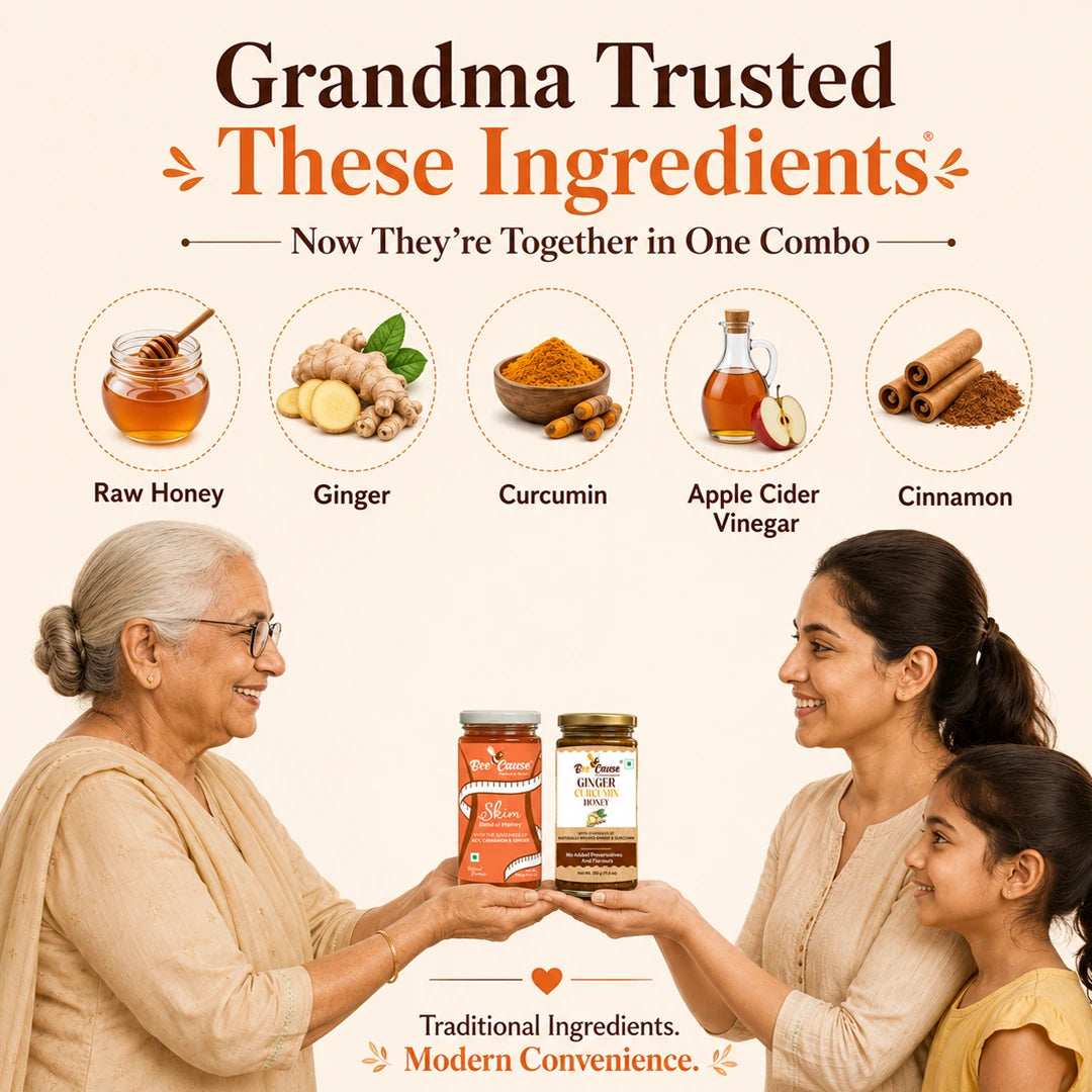 Promotional graphic for a ginger and curcumin combo jar set, featuring an elderly woman, a younger woman, and a child receiving the products. The top text reads 'Grandma Trusted These Ingredients' and lists the ingredients shown in circular frames: Raw Honey, Ginger, Curcumin, Apple Cider Vinegar, and Cinnamon.
