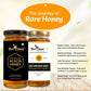 An infographic titled The Journey of Rare Honey featuring BeeCause Pure Acacia Honey and Raw Sunflower Honey jars, explaining production steps from remote sourcing and cold-processing to lab-testing for purity.