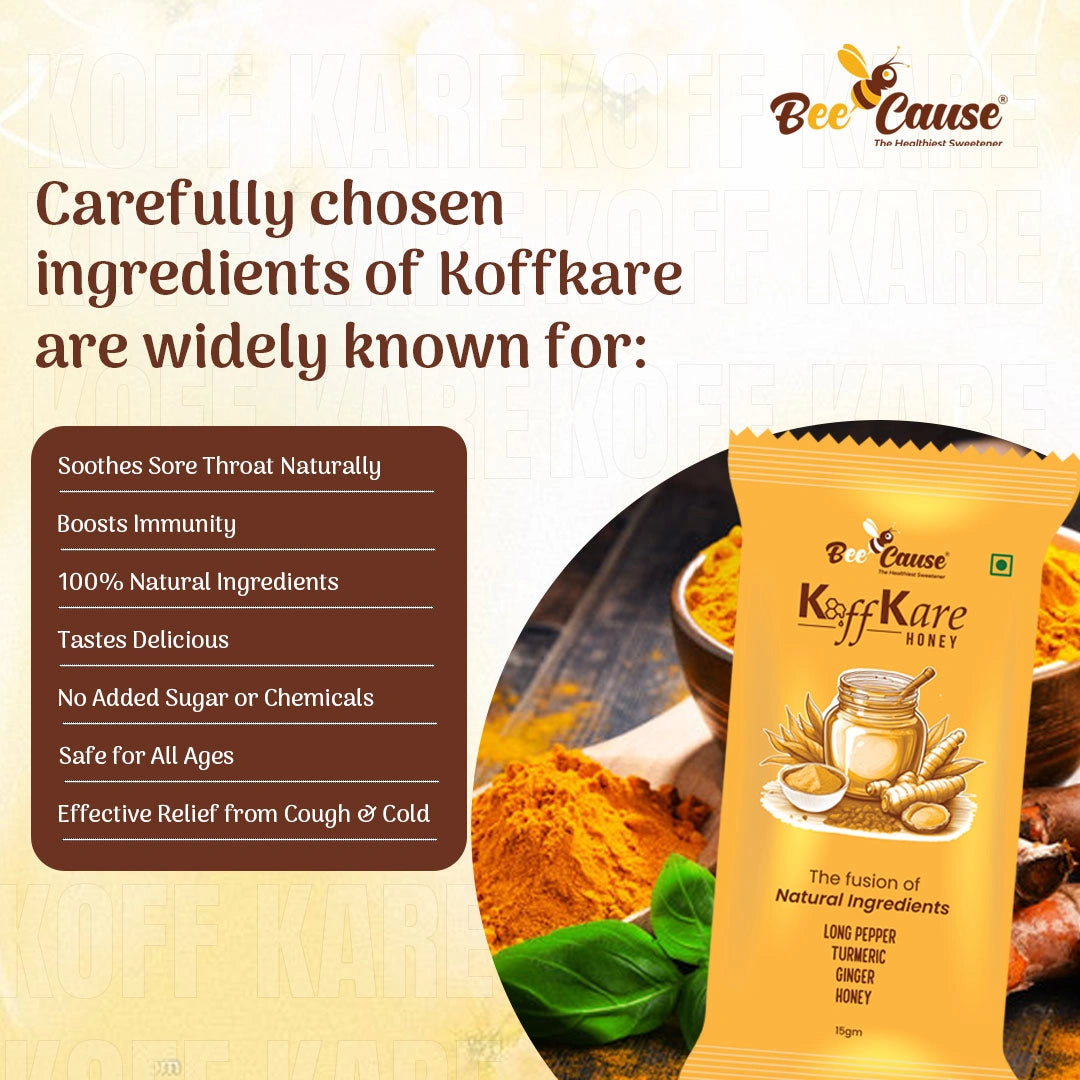 A list of benefits for Koff Kare ingredients, highlighting that they soothe sore throats naturally, boost immunity, are 100% natural, and contain no added sugar or chemicals.