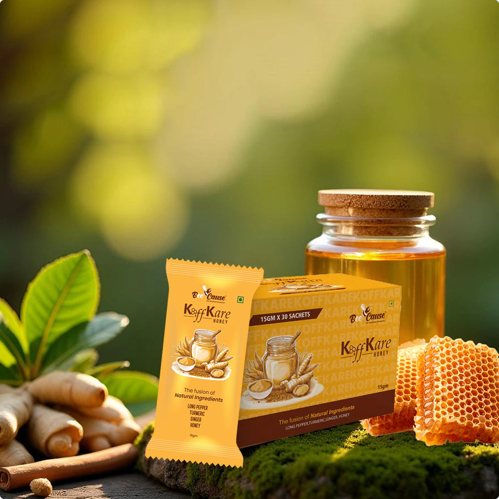 Kaff Kare honey products including a jar, box, and packets with honeycomb and honey sticks on a natural background.