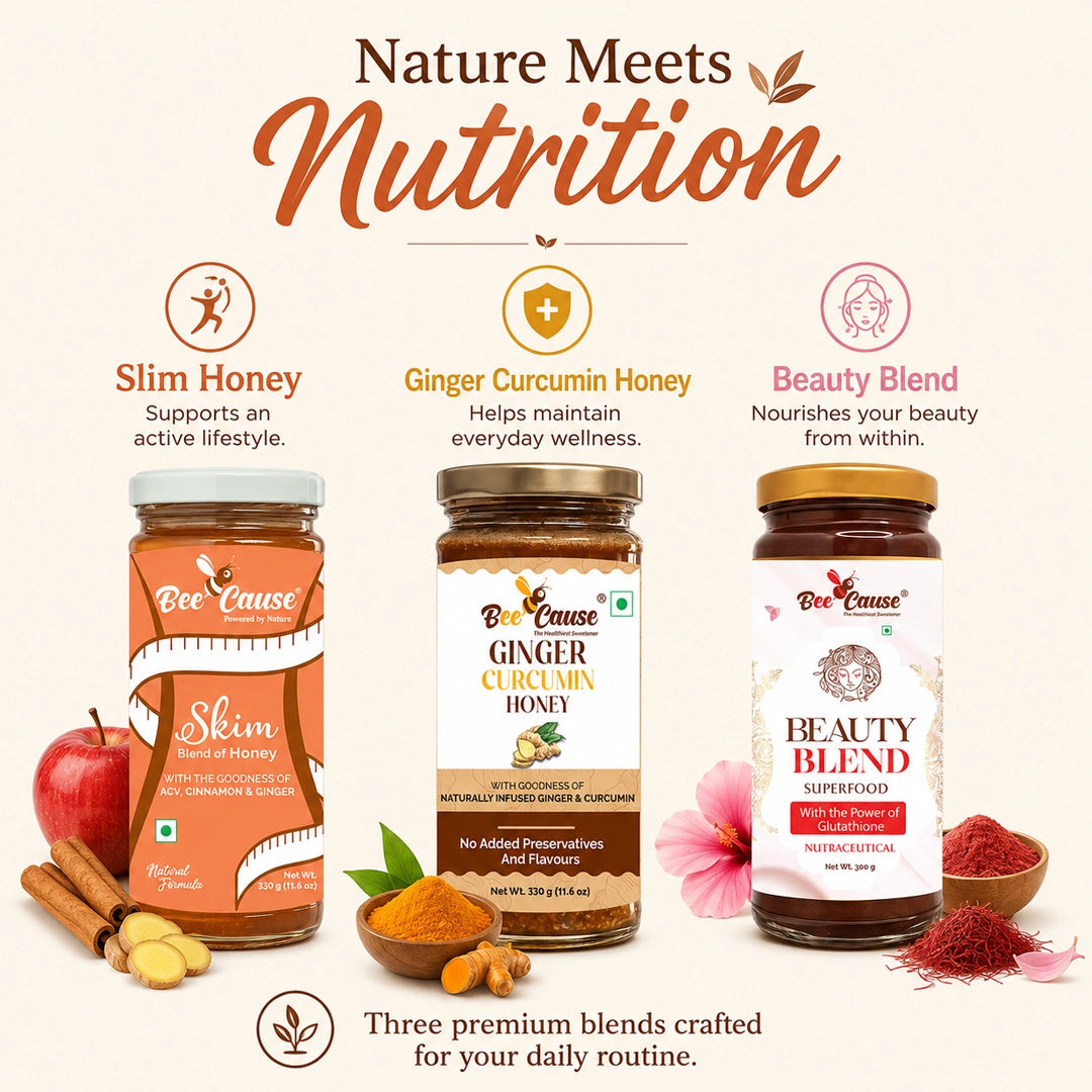Three Bee Cause honey products displayed on a light beige background with promotional text: Slim Honey, Ginger Curcumin Honey, and Beauty Blend. Each jar is shown with decorative ingredients including an apple, cinnamon, turmeric, and red powder.