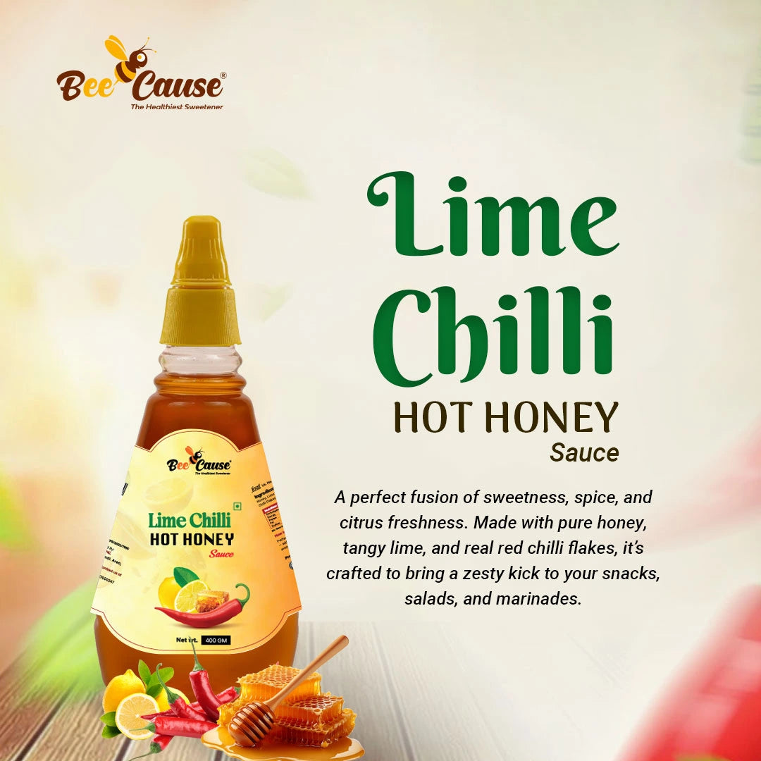 Lime Chilli Hot Honey Sauce bottle with honeycomb and red chillies, described as a perfect fusion of sweetness, spice, and citrus freshness.