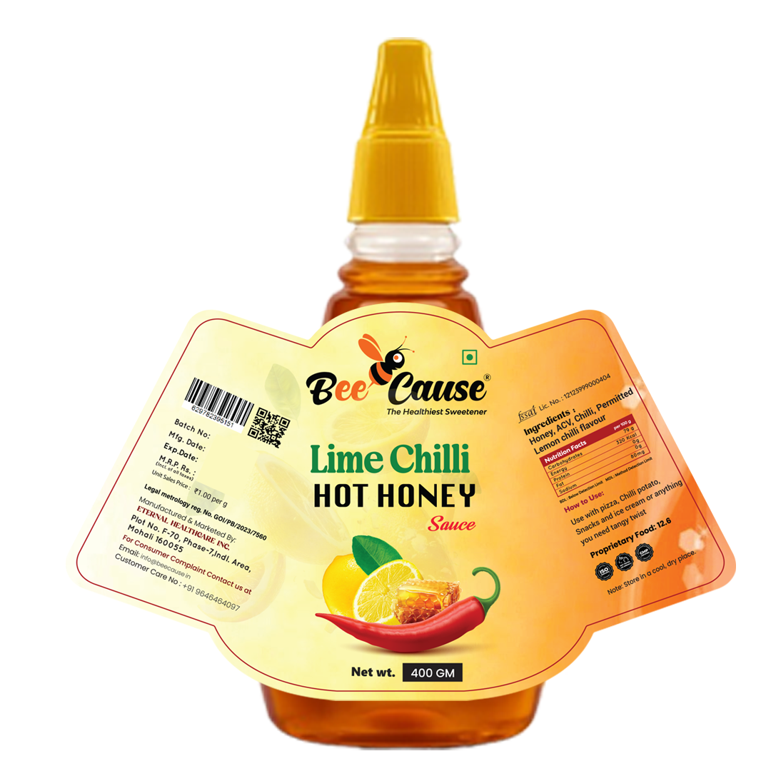 BeeCause Lime Chilli Hot Honey Sauce 400g bottle with honey, lime and red chilli