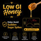 Advertisement for low GI honey with honey dipper and energy level graph on a black background
