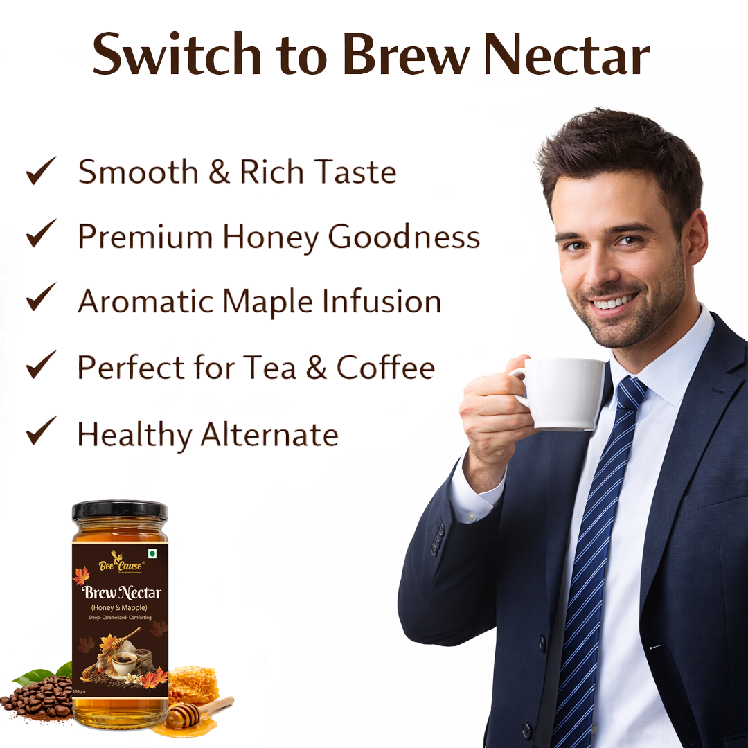 A professional man enjoying coffee next to a list of Bee Cause Maple Brew Nectar benefits, including its smooth taste, premium honey goodness, and aromatic maple infusion