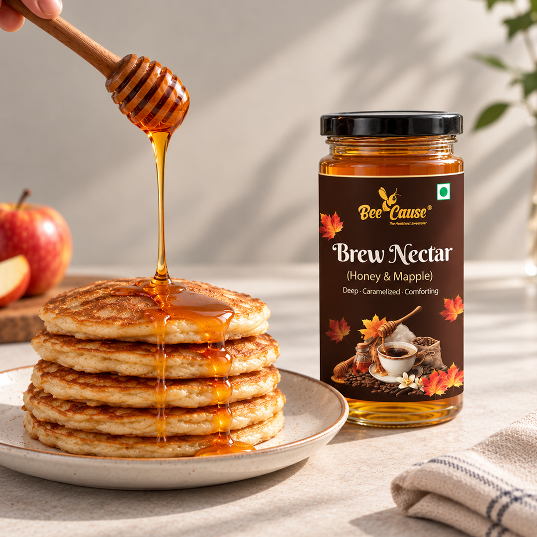 BeeCause Brew Nectar Honey and Maple Honey poured over pancakes for breakfast
