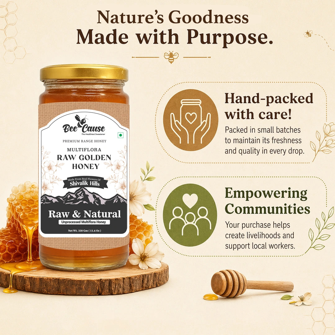 A jar of Bee Cause Raw Golden Honey displayed on a wooden slice with honeycomb and a honey dipper, alongside promotional text about hand-packed care and empowering communities on a warm beige background.