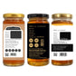 Three glass jars of honey shown on a white background, displaying the front label, back label, and side label. The jars contain golden honey and are sealed with gold and black lids.