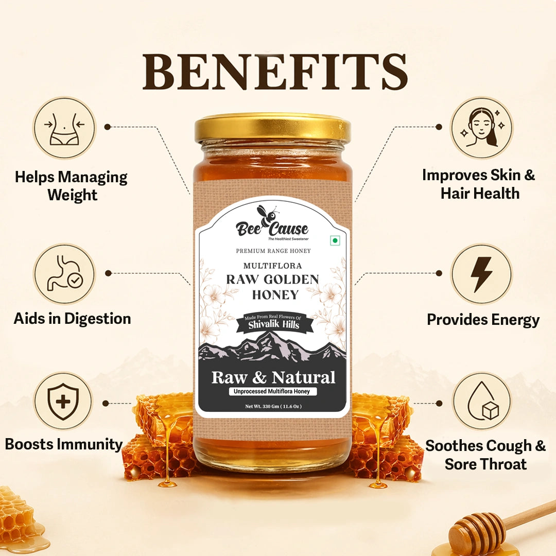 A jar of Bee Cause Raw Golden Honey centered on a warm beige background with the word BENEFITS above it and six circular benefit icons around it. The jar has a gold lid, a white and black label, and honey-colored contents visible through the glass.