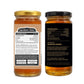 Two glass jars of honey shown side by side on a white background, with one jar displaying the ingredients label and the other showing the front nutrition facts label on a black background.
