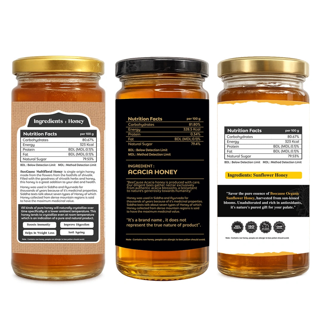 Three glass jars of honey shown side by side on a white background, displaying different label designs: one with a beige label, one with a black label, and one with a white label.