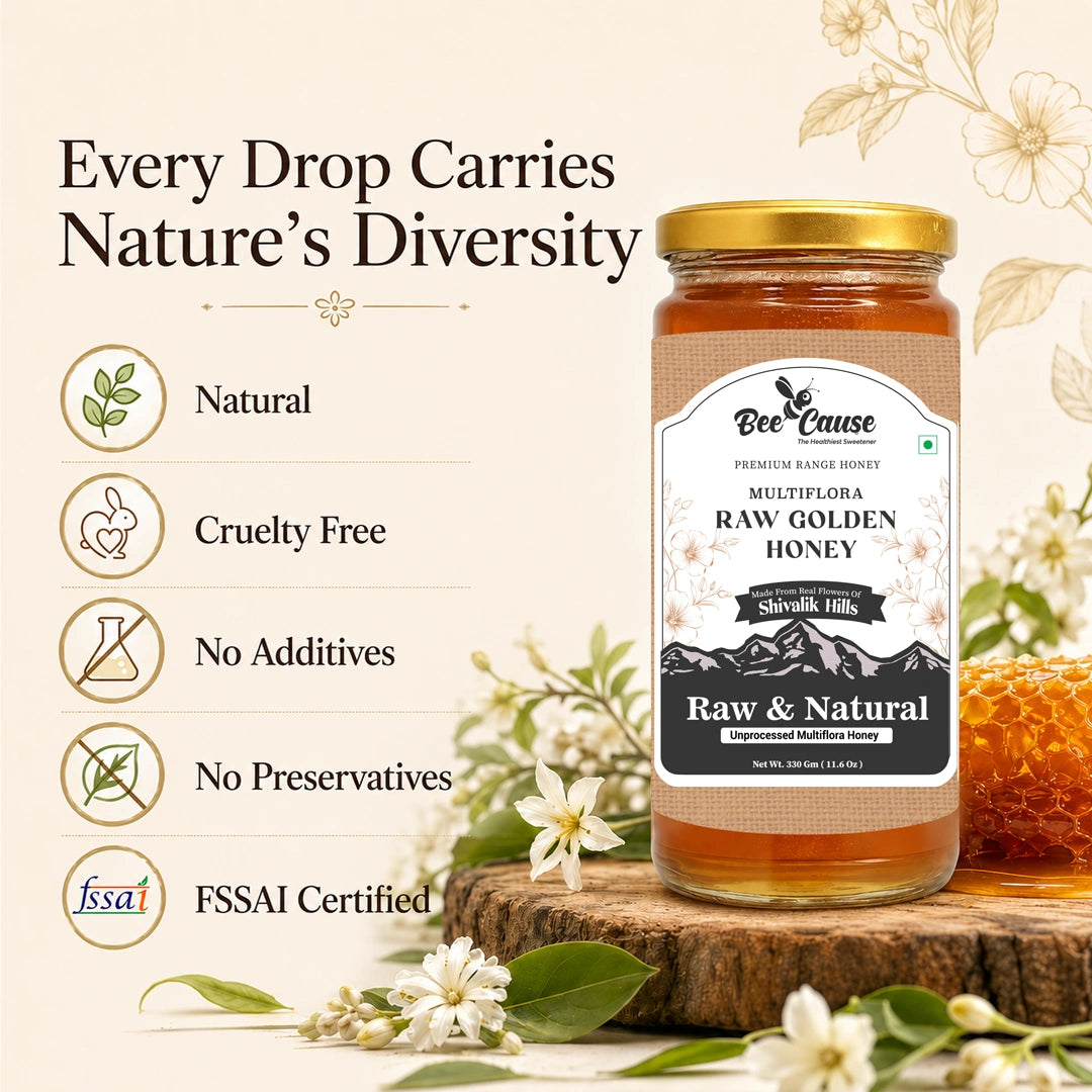 A jar of Bee Cause Raw Golden Honey displayed on a wooden slice with honeycomb and white flowers. The left side features marketing text and icons highlighting key qualities: Natural, Cruelty Free, No Additives, No Preservatives, and FSSAI Certified.
