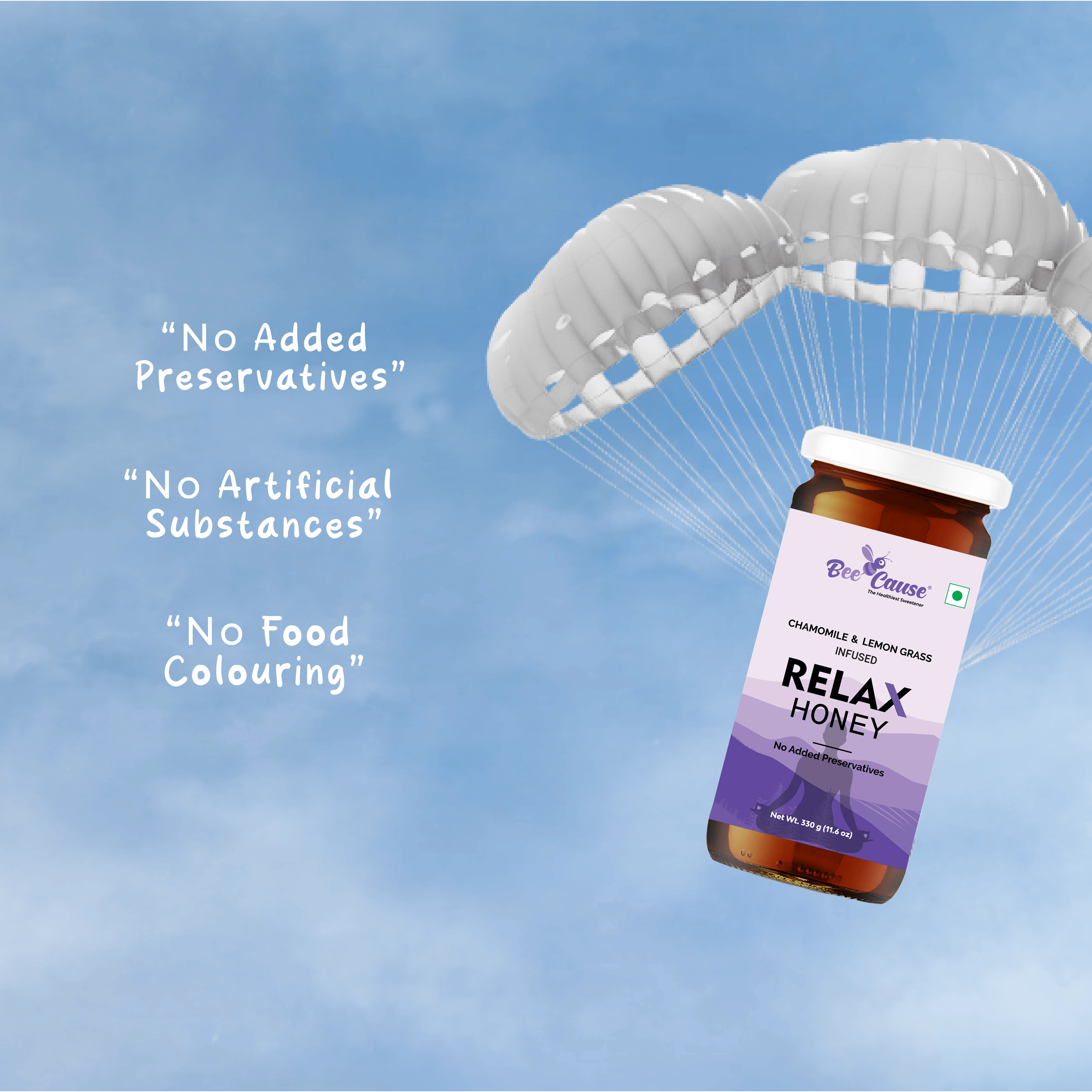 A creative visual of the Relax Honey jar floating in a clear blue sky, reinforcing the promise of "No Artificial Substances" and "No Food Colouring".
