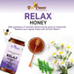 Product display of Relax Honey surrounded by fresh lemongrass and chamomile flowers, with text encouraging users to "Replace your regular Sugar with all from Nature".