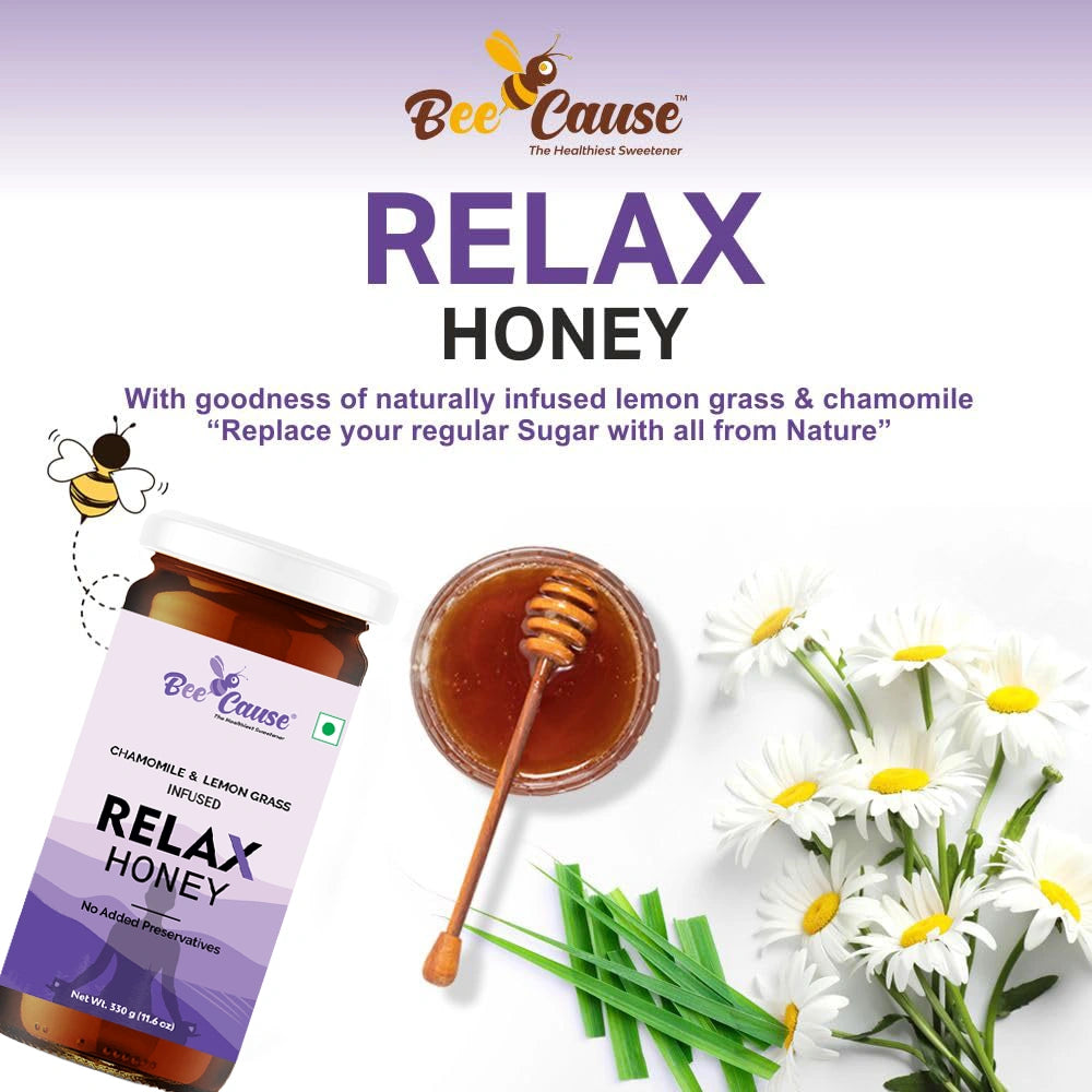 Product display of Relax Honey surrounded by fresh lemongrass and chamomile flowers, with text encouraging users to "Replace your regular Sugar with all from Nature".