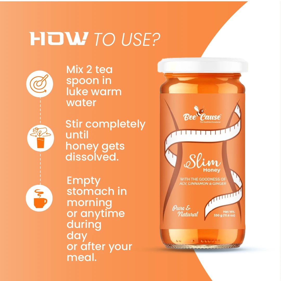 An instructional graphic for Slim Honey showing icons for mixing 2 teaspoons in lukewarm water to be consumed on an empty stomach.