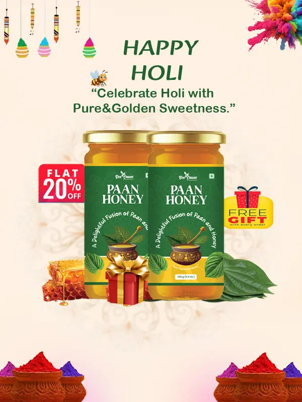 Mobile banner for Bee Cause Paan Honey Holi sale. Get 20% off and a free gift on our premium Paan infused honey, surrounded by festive Holi colors and golden honeycomb.