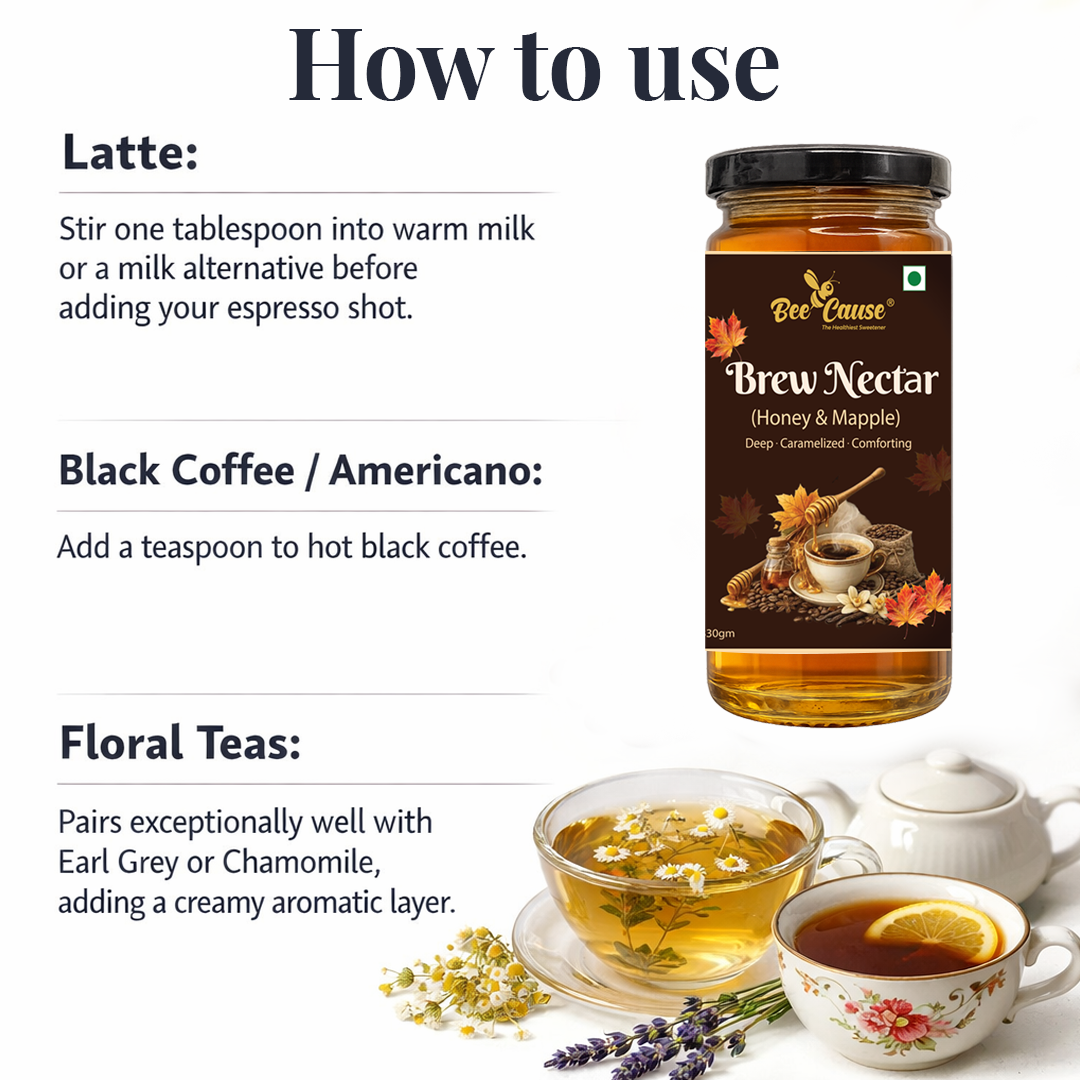 Bee Cause Brew Nectar jar with usage instructions for latte, black coffee, and floral teas on a white background.