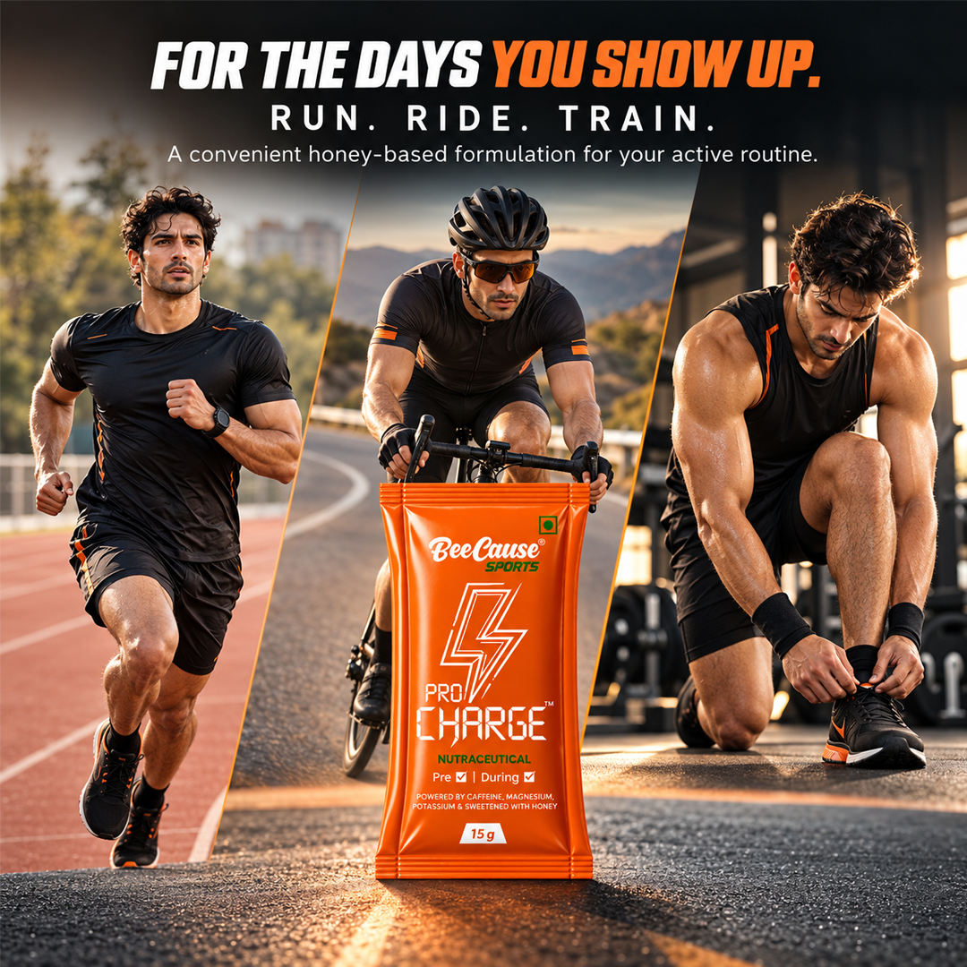 BeeCause Pro Charge honey-based sports energy sachet for runners, cyclists, and gym enthusiasts, designed for active training and workout routines.