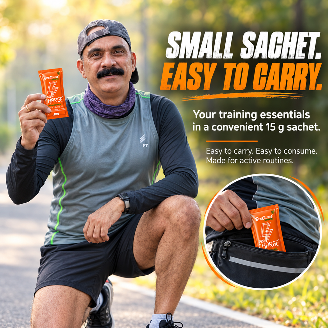 BeeCause Pro Charge 15g honey-based sports energy sachet held by an athlete, featuring a compact, easy-to-carry design for workouts, running, cycling and outdoor training.