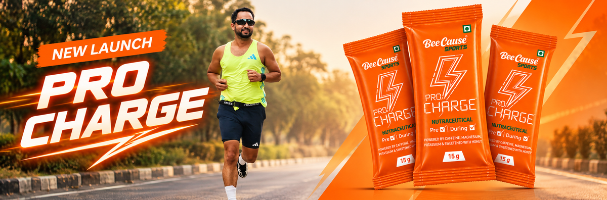 BeeCause Pro Charge honey-based energy sachets with caffeine and minerals, new launch sports nutrition banner featuring a runner and 15g sachets