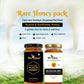 BeeCause Acacia and Sunflower honey jars displayed against a lush, green mountain meadow background, highlighting features like 100% pure, light floral taste, zero additives, raw, and gluten-free.