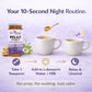 Three-step visual guide for a 10-second nighttime routine: take one teaspoon of Bee Cause Relax Honey, add it to a mug of lukewarm water or milk, and relax before bed.