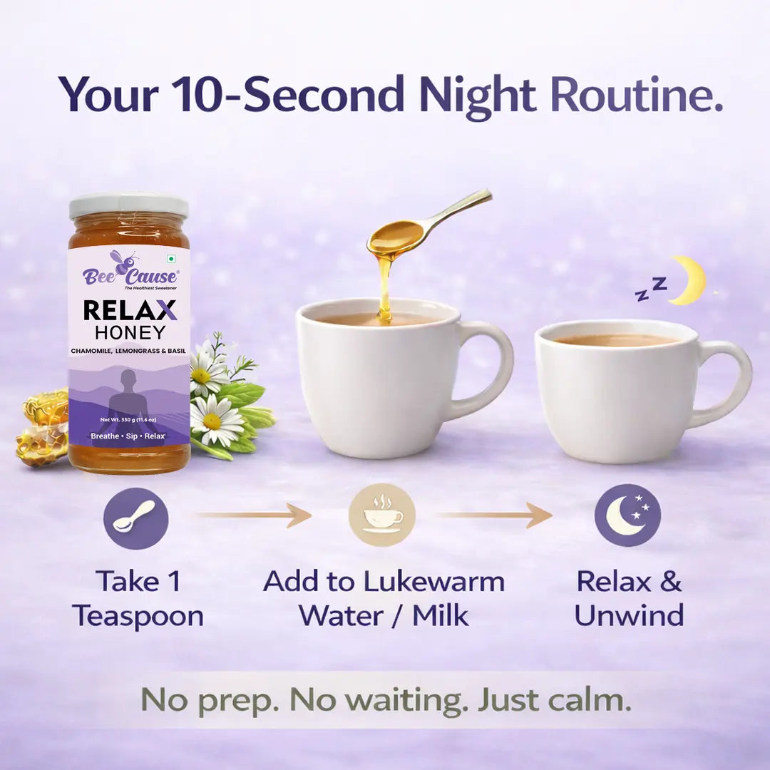 Three-step visual guide for a 10-second nighttime routine: take one teaspoon of Bee Cause Relax Honey, add it to a mug of lukewarm water or milk, and relax before bed.