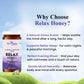 Infographic titled "Why Choose Relax Honey?" listing key benefits such as natural stress busting, better sleep support, and boosting mood naturally.