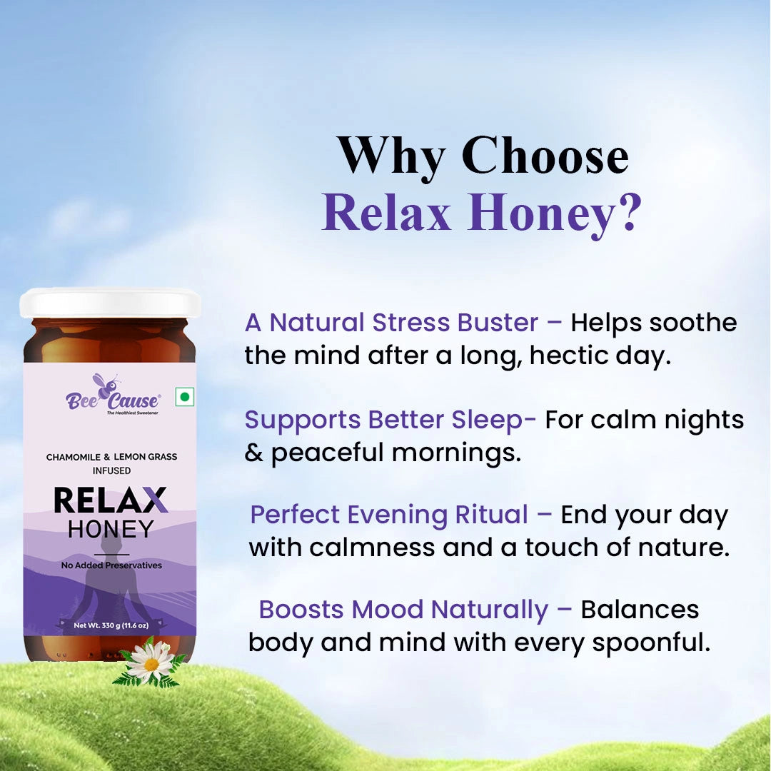 Infographic titled "Why Choose Relax Honey?" listing key benefits such as natural stress busting, better sleep support, and boosting mood naturally.