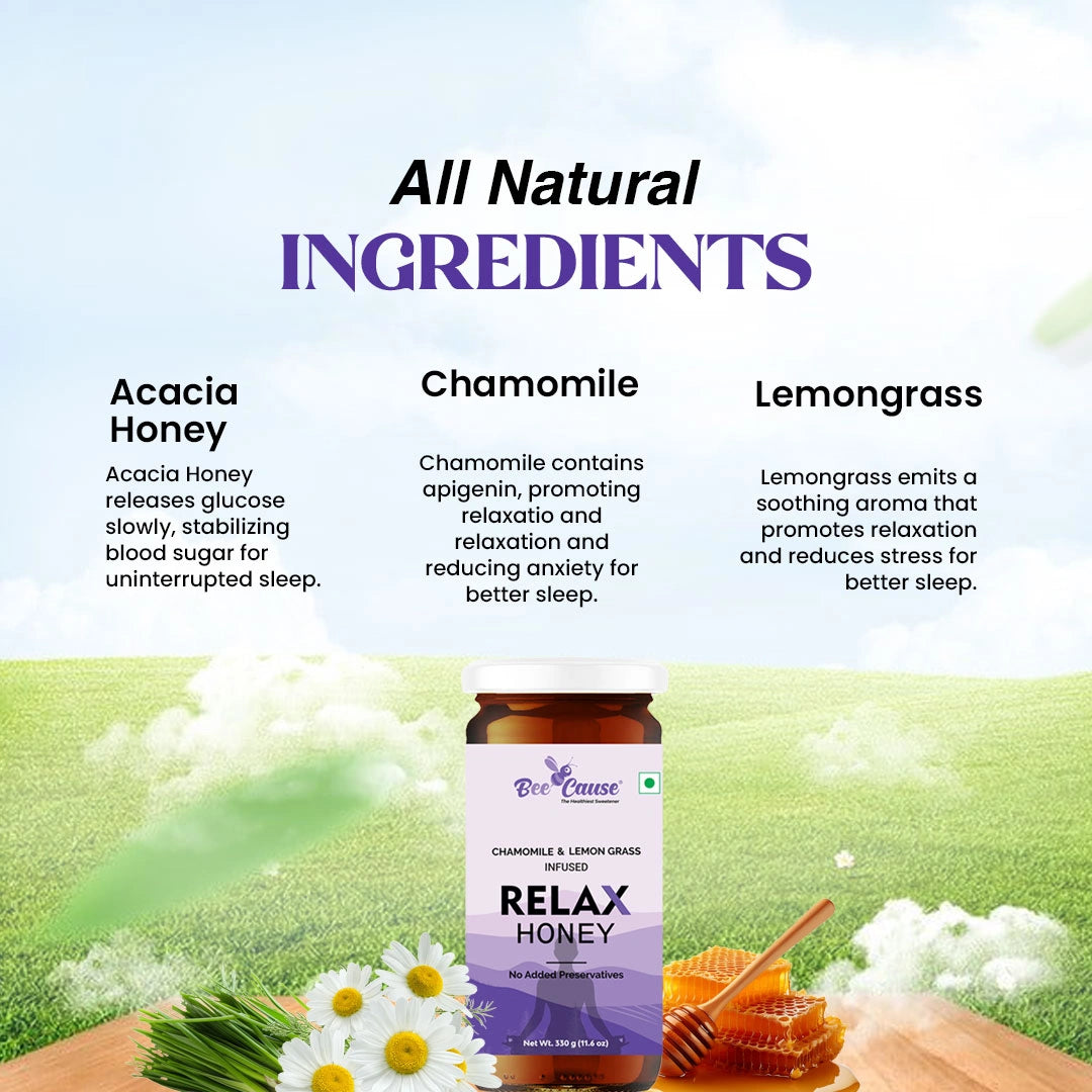 Educational graphic breaking down the three key ingredients: Acacia Honey for stable blood sugar, Chamomile for reducing anxiety, and Lemongrass for a soothing aroma and stress reduction.