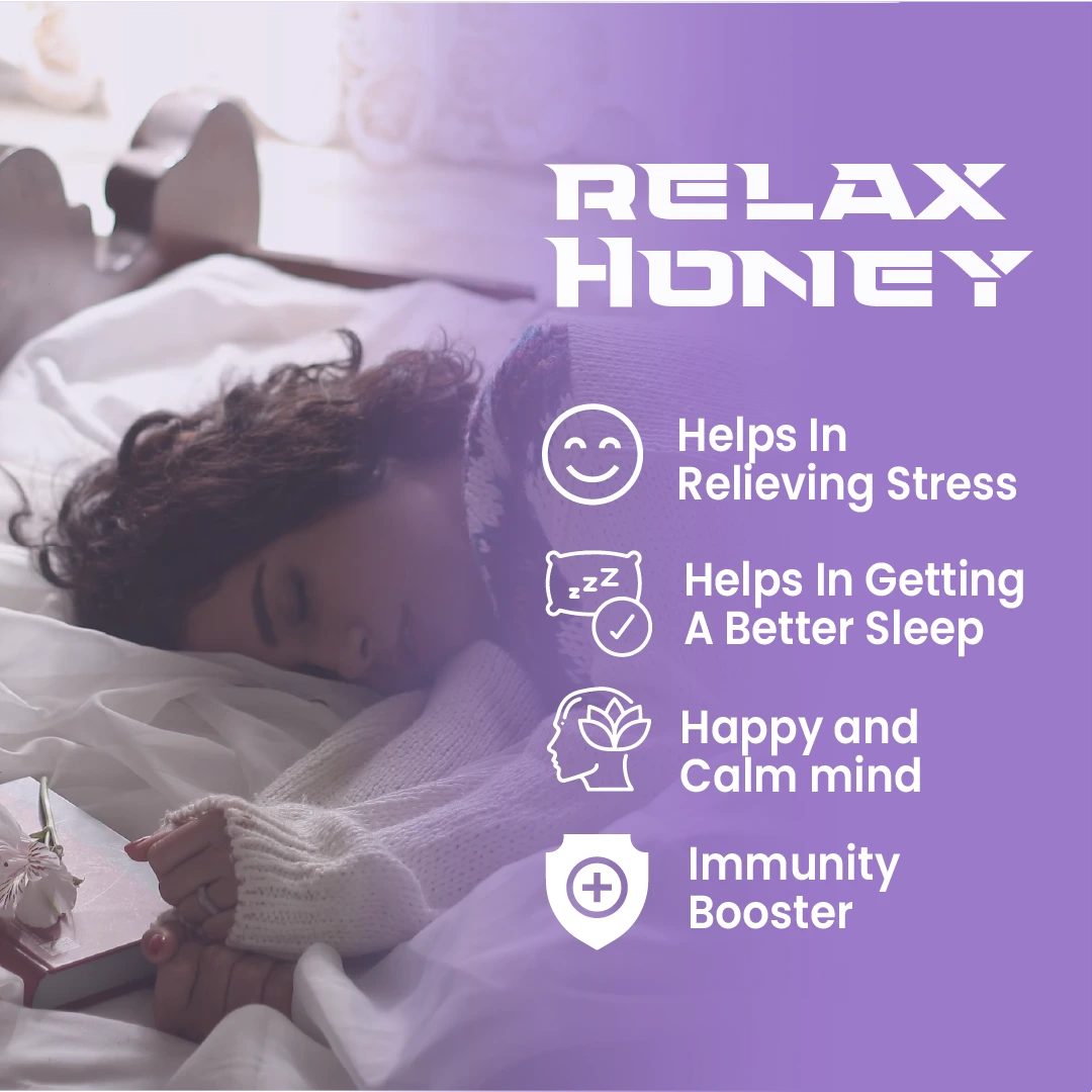 A woman sleeping peacefully with text highlighting Relax Honey benefits: helps in relieving stress, getting better sleep, and boosting immunity.