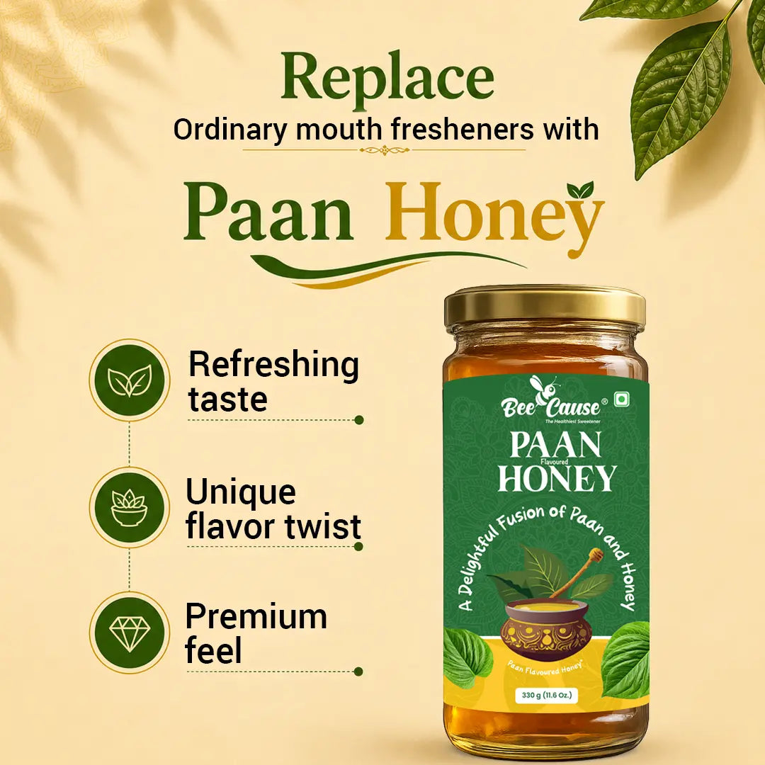 Jar of Paan Honey with promotional text on a beige background