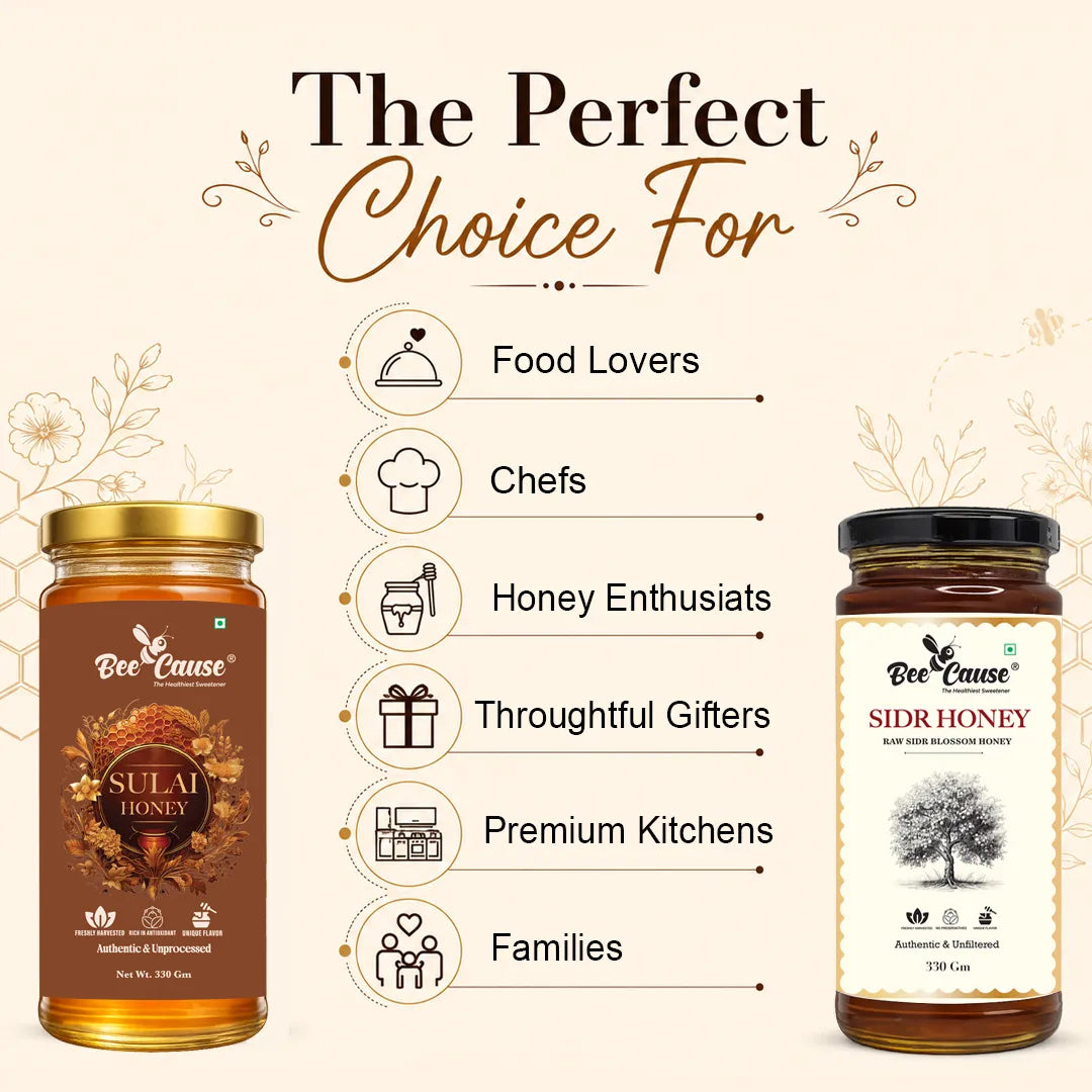 Two jars of Bee Cause honey presented on a beige promotional background with decorative text reading 'The Perfect Choice For' and a list of target groups including food lovers, chefs, honey enthusiasts, gift buyers, premium kitchens, and families.