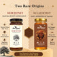 Two jars of Bee Cause honey presented side by side on a beige promotional background. The left jar is labeled Sidr Honey, a manuka-style honey, and the right jar is labeled Sulai Honey, a government-issued GI-tagged honey.
