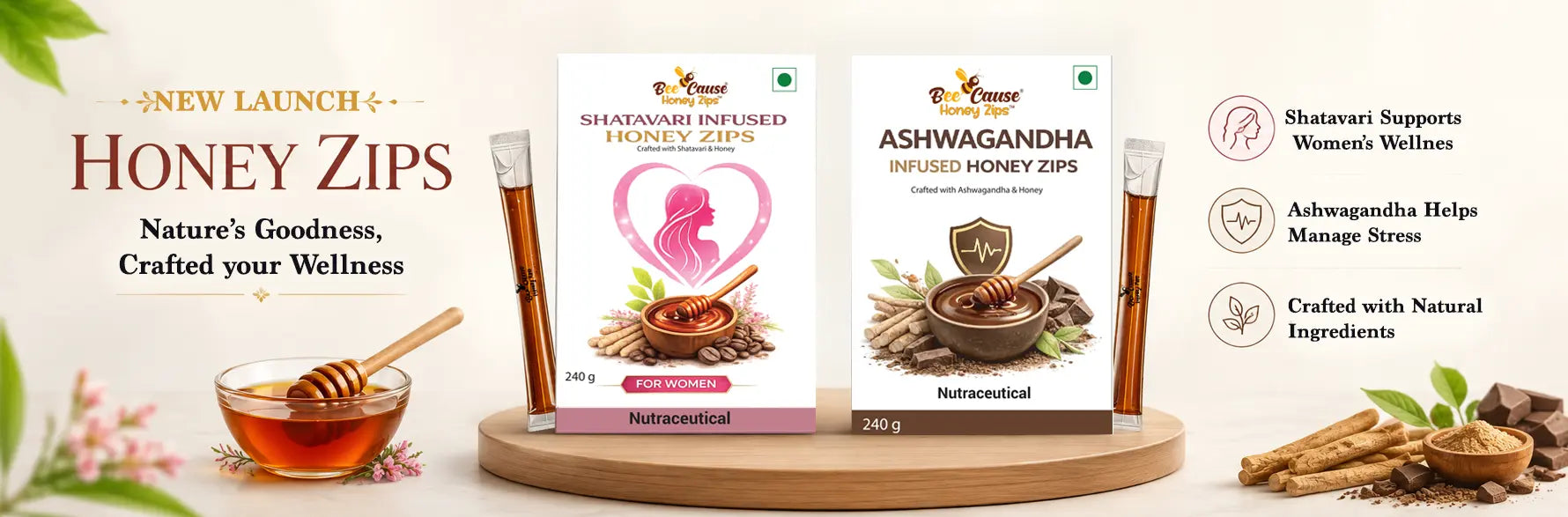 Bee Cause Honey Zips website banner showcasing Shatavari Infused Honey Zips for women's wellness and Ashwagandha Infused Honey Zips for stress management.