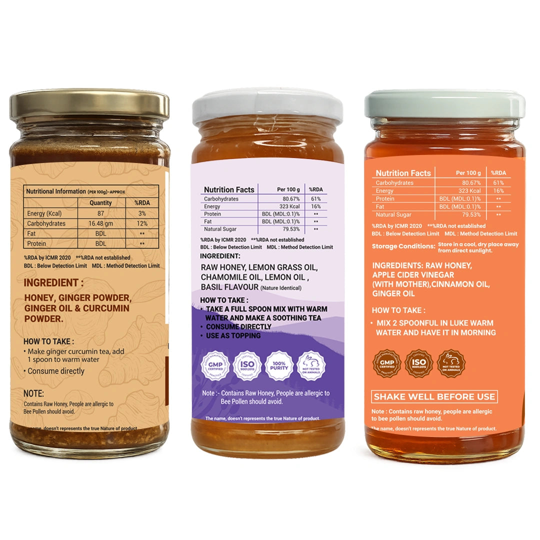 Three glass supplement bottles shown side by side, each displaying the back label from a different angle (top, front, and bottom) to show the ingredients, nutrition facts, and usage instructions.