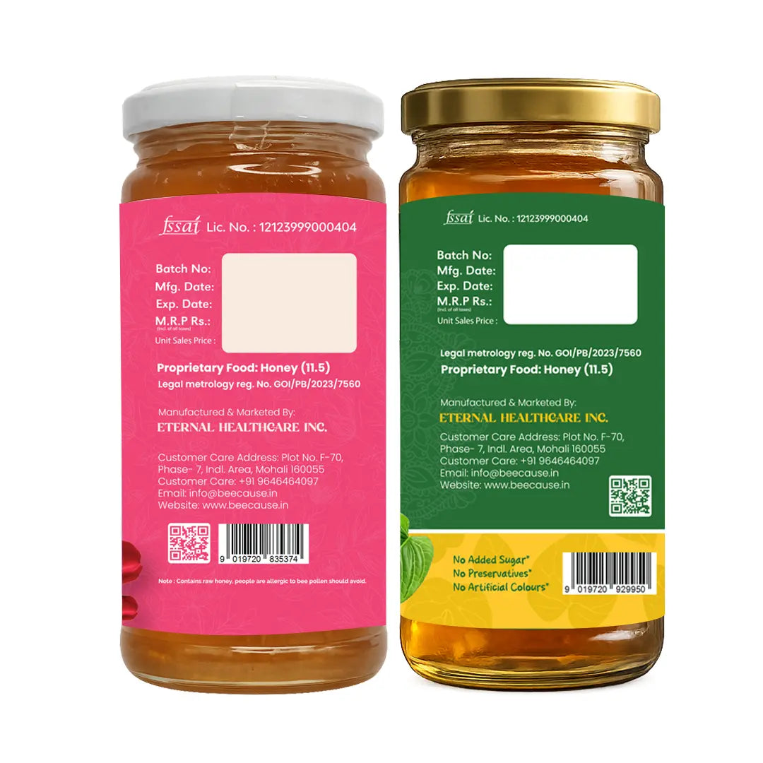 Two glass jars of ETERNAL HEALTHARE INC. Honey (1.