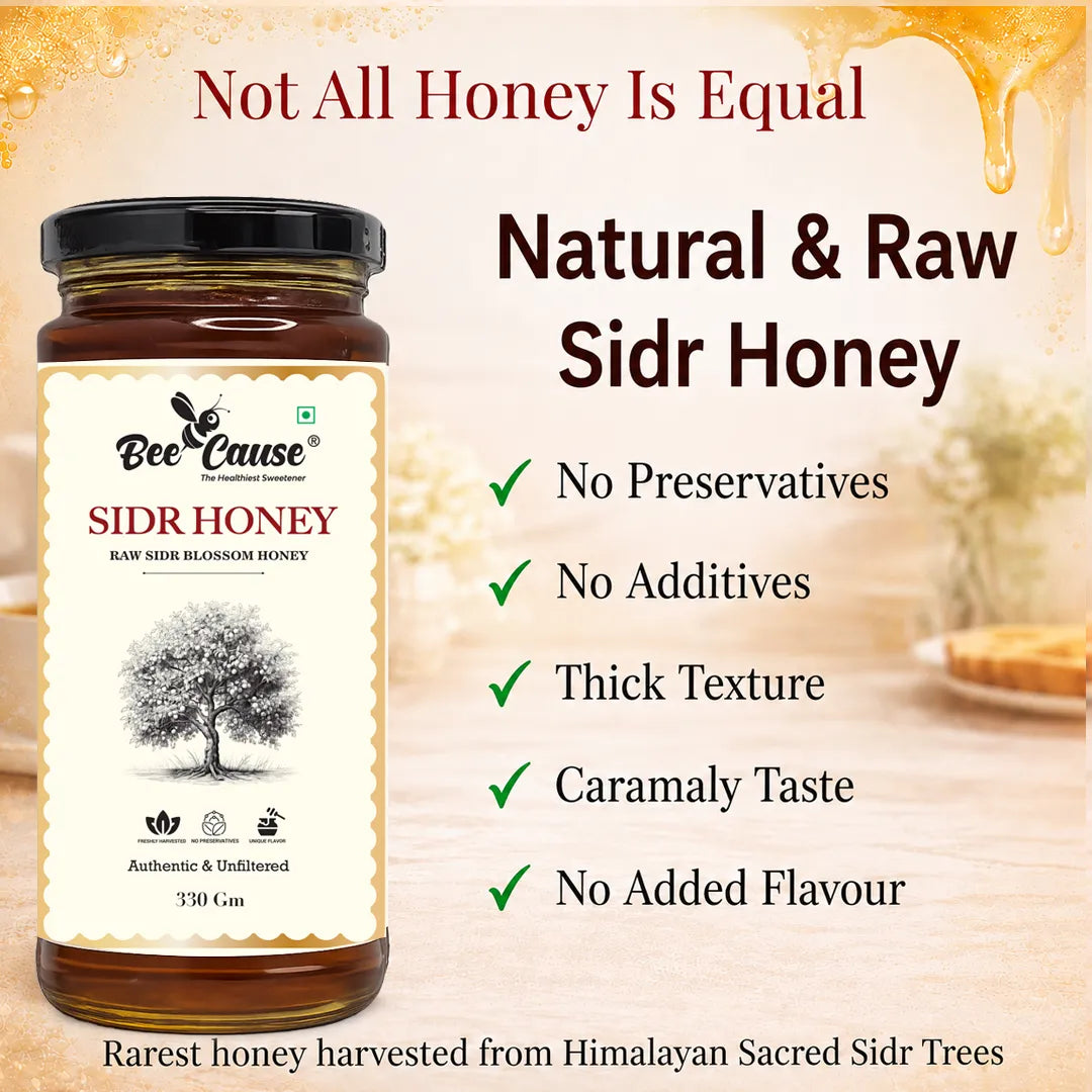 A jar of Bee Cause Sidr Honey displayed on a warm beige promotional background with text highlighting natural and raw sidr honey benefits, including no preservatives, thick texture, and caramaly taste.
