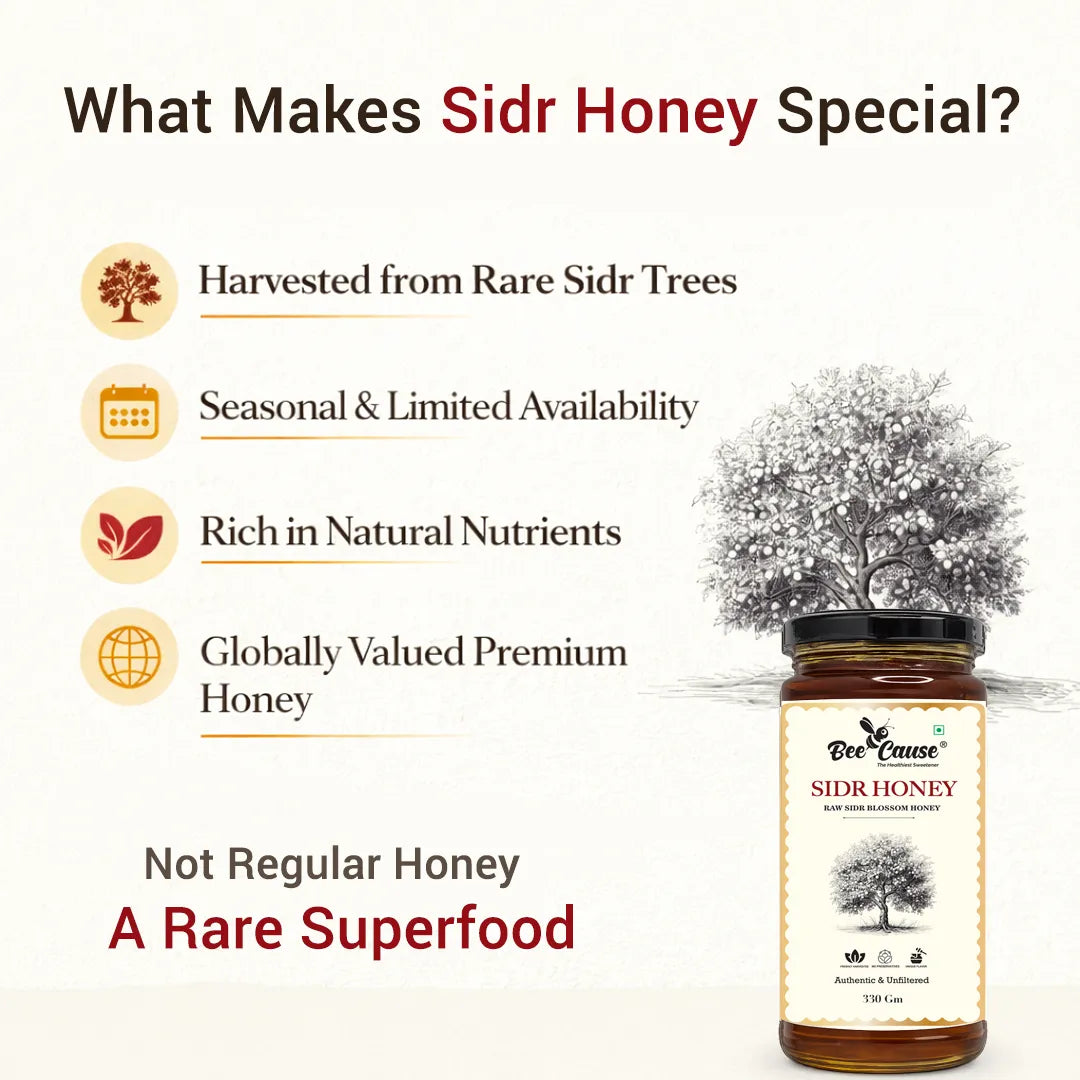 Sidr honey product with text highlighting its special qualities on a white background