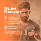 A man lifting dumbbells with text overlay listing Slim Honey benefits: boosts metabolism, helps in weight management, and enhances digestion.